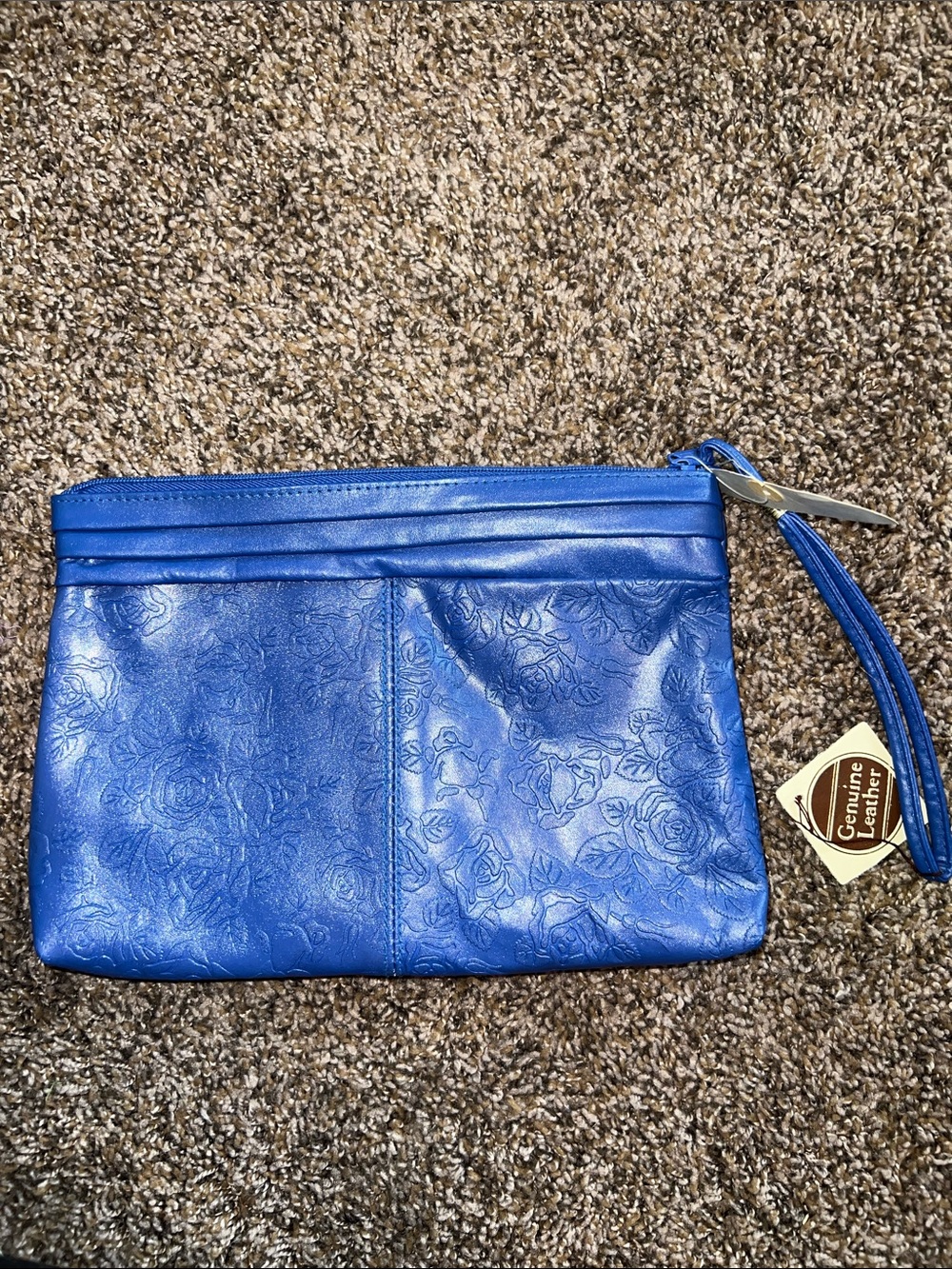 Blue Floral Embossed Genuine Leather Wristlet Clutch-vintage